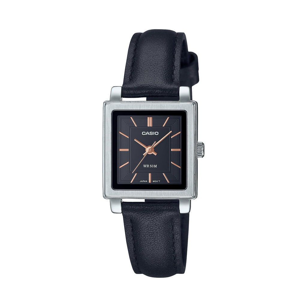 CASIO LTPE176L 1A Black Leather Band Square Analogue Watch